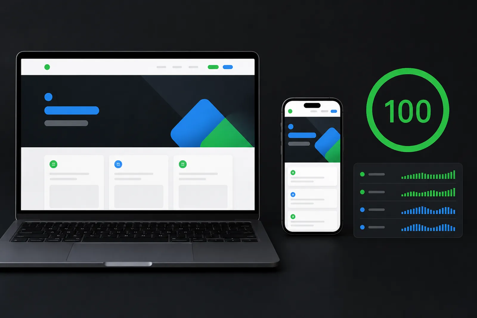 Laptop and smartphone showing the same responsive website beside a 100 performance score and metrics panel